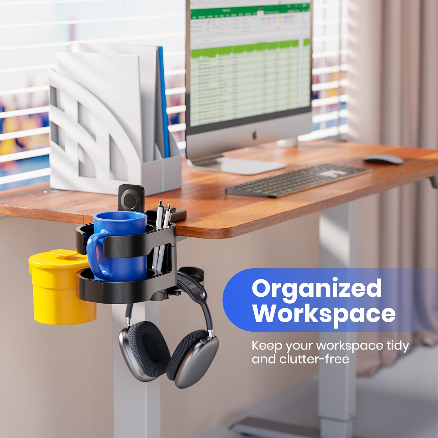 7-in-1 Desk Cup Holder - EURPMASK Organizer with Headphone, Controller Holder, Snack Bucket, and Phone Holder, Clamp-On Desk Accessory with Sturdy Large Storage, Easy to Install, Black
