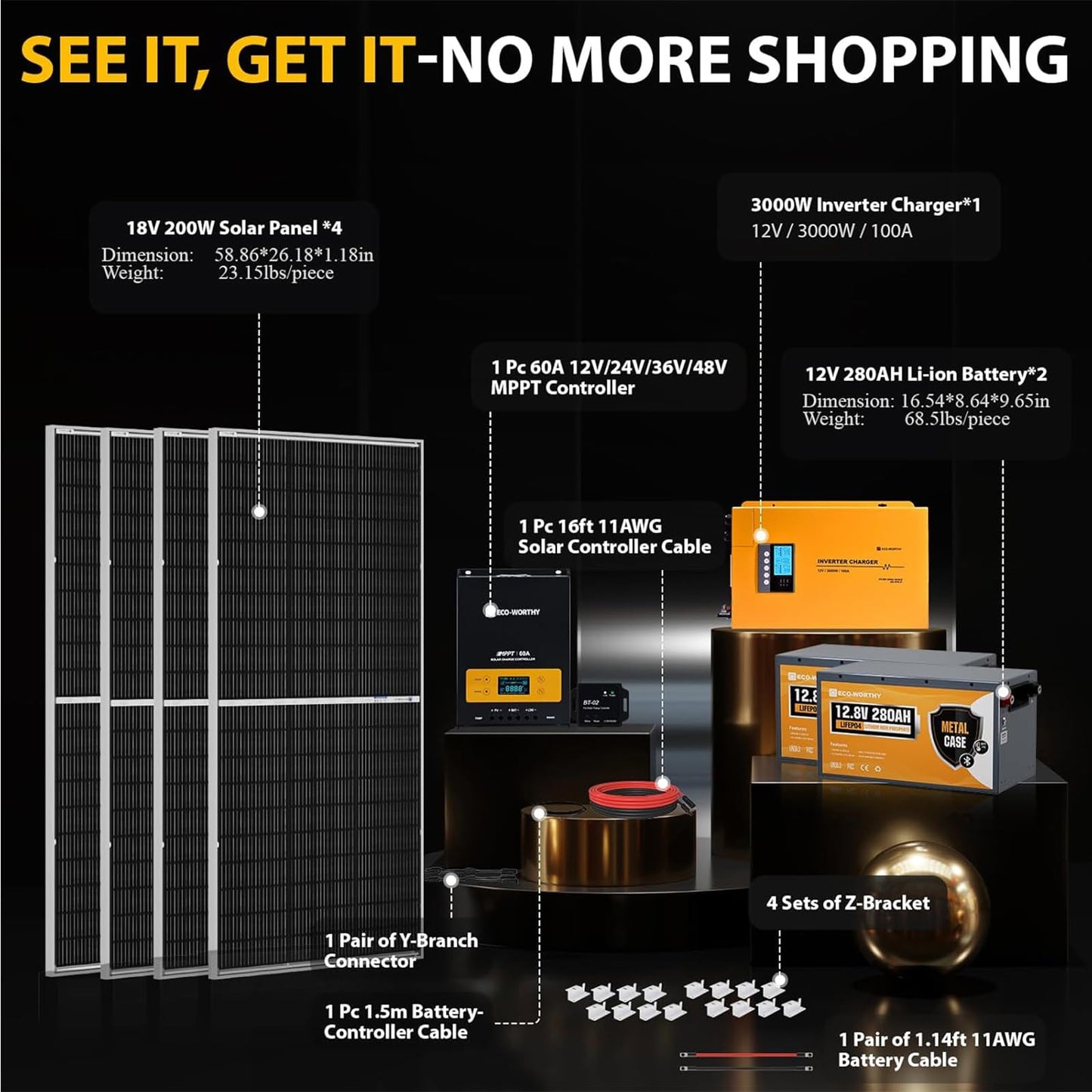 ECO-WORTHY 7.168KWH 800W Solar Panel Kit for RV Off Grid Complete System with 4PCS 200W Solar Panels, 3000W UPS Inverter Charger, 2PC 12.8V 280AH Lithium Batteries, 60A MPPT Controller Bluetooth