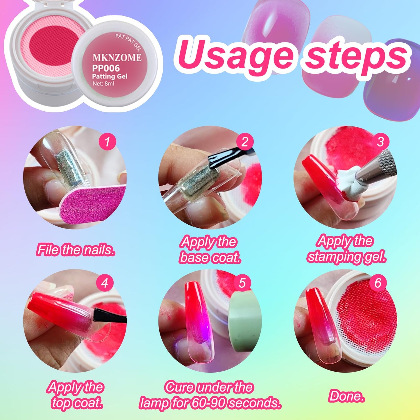 MKNZOME Neon Patting Gel Polish, 6 Color Bright Fluorescent Cushion Gradient Solid Aura Pat Painting Gel Set with Ombre Nail Sponge for DIY Beginner Design Salon Home Soak Off UV, D