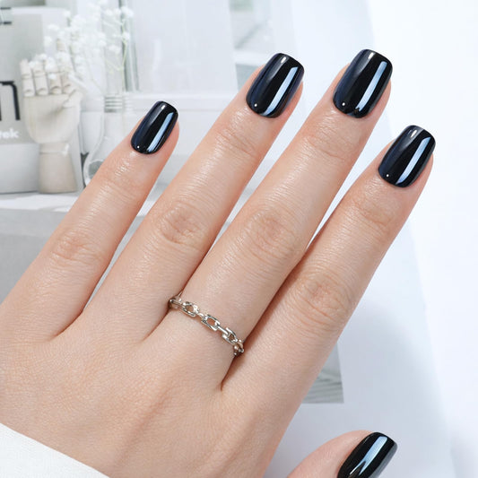 UNA GELLA 32Pcs Soft Gel Press on Nails - 16 Sizes Black Chrome Mirror Short Square Glue on Nails, Reusable Metallic Glossy Black False Nails, Full Cover Acrylic Nail Kit for Women DIY Home Manicure