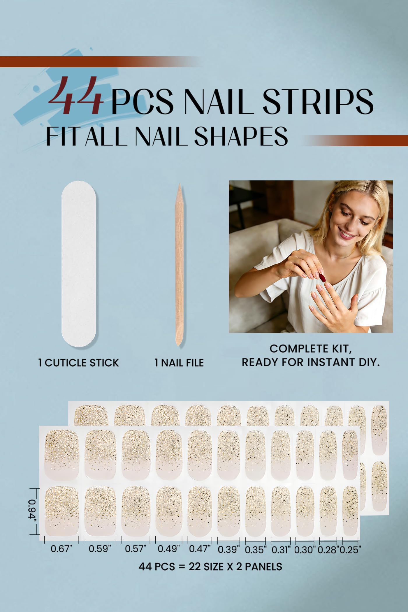 Gel Nail Strips 44Pcs, No UV/LED Lamps Needed, Pre-Cured Nail Stickers for Women Salon Quality, Polish Wraps Long Lasting, Easy Apply & Remove (Gold Pink)