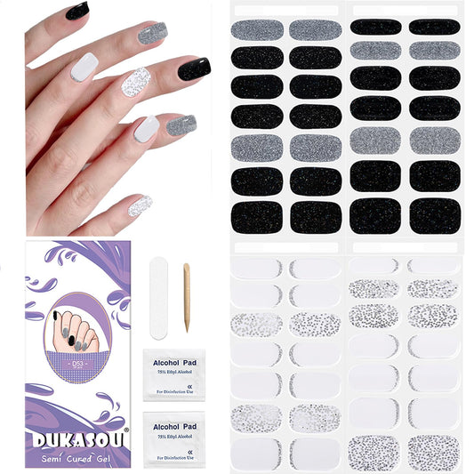 DUKASOU Semi Cured Gel Nail Strips, 56Pcs Nail Art Stickers/Wraps, Long Lasting UV Nail Polish Strips for Adults(Black Silver+White French Tip)