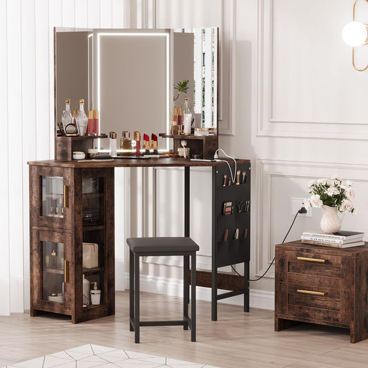 Garvee Corner Vanity Desk and Stool, Corner Makeup Vanity with LED Lighted Mirror Charging Station and Cabinet for Bedroom, Brown