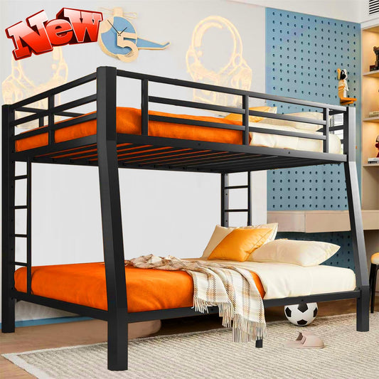 LEEKOUS Upgraded Version Heavy Duty Metal Full XL Over Queen Bunk Bed, Thicken Stronger Steel Full Over Queen Bunk Bed, Queen Size Bunkbed Frame for Adults, Easy Assembly, Black (Full XL Over Queen)