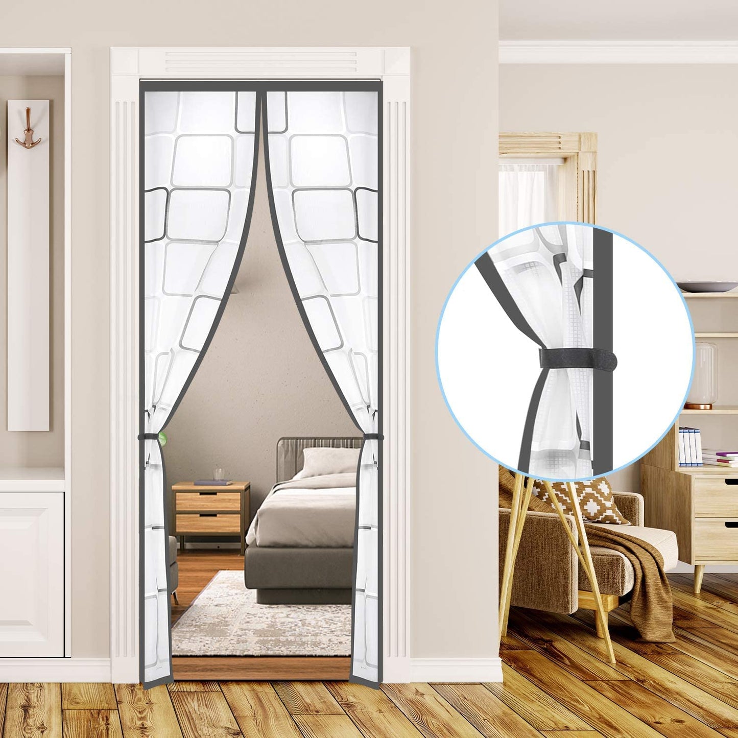 Insulated Door Curtain, Magnetic Thermal Door Cover Screen Door Self-Closing Privacy Magnetic Screen Door Hands Free for Patio, Kitchen, Bedroom, Air Conditioner Room, Fits Doors up to 34" x 80",Grey