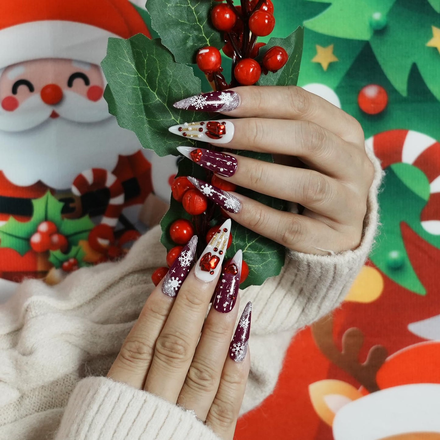 Tesytto Luxury Red Press On Nails Long Stiletto, 3D Heart & Rhinestone Glam Design, Glossy Handmade Fake Nails with Snowflake Detail, Valentine’s Day Winter Acrylic Nails (Snow Falls,S)