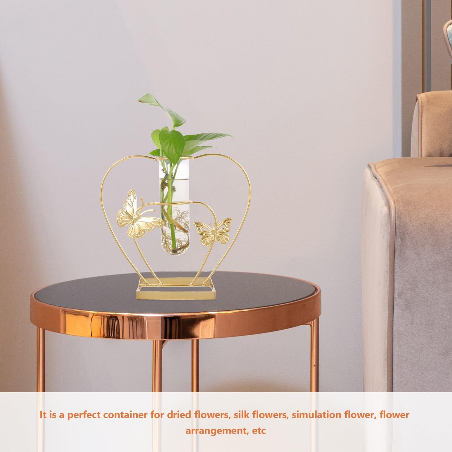 VOSAREA Hydroponic Glass Vase with Metal Butterfly Frame Decorative Hollow Flower Holder Plant Terrarium Home Table Centerpiece for Living Room and Office Decor