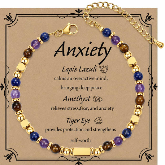 QINJIEJIE Anxiety Bracelet for Women Menopause Healing Crystals Mental Health Bracelets Amethyst Lapis Lazuli Tigers Eye Crystal Anti Anxiety Panic Attack Relief Jewelry Crystal Bracelet