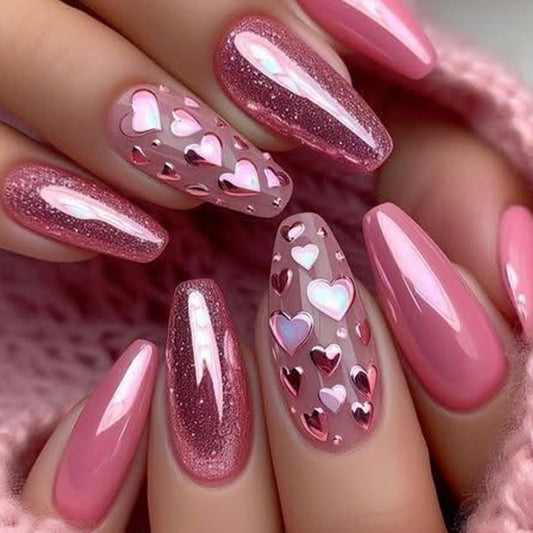 CJDLTS Valentines Press on Nails Medium Artificial Ballet Acrylic False Nails Love Glossy Stick on Nail Full Cover Glitter Artificial Fingernails Nude Pink Reusable Coffin for Women Festival Manicure