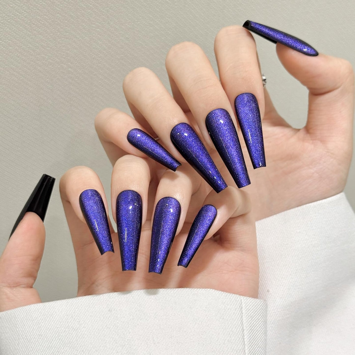 Dark Blue Cat Eyes Press On Nails,12 Sizes-24 Pcs Soft Gel Blue Long Coffin Fake Nails Kit with Nail Glue, Natural Reusable Stick On False Nails for Women and Girls SK1041