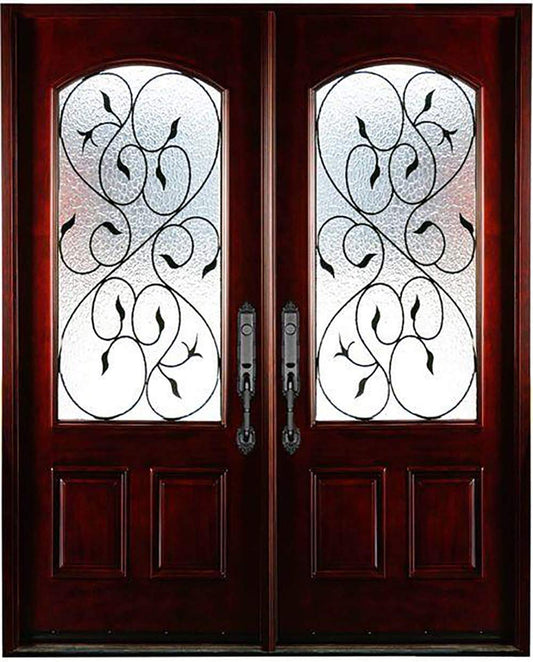 BGW Left Hand in-Swing Exterior Entry Door Finished Prehung Door Wood-Glass Waving Camping Pattern (Left-Hand, Double Door 3680)