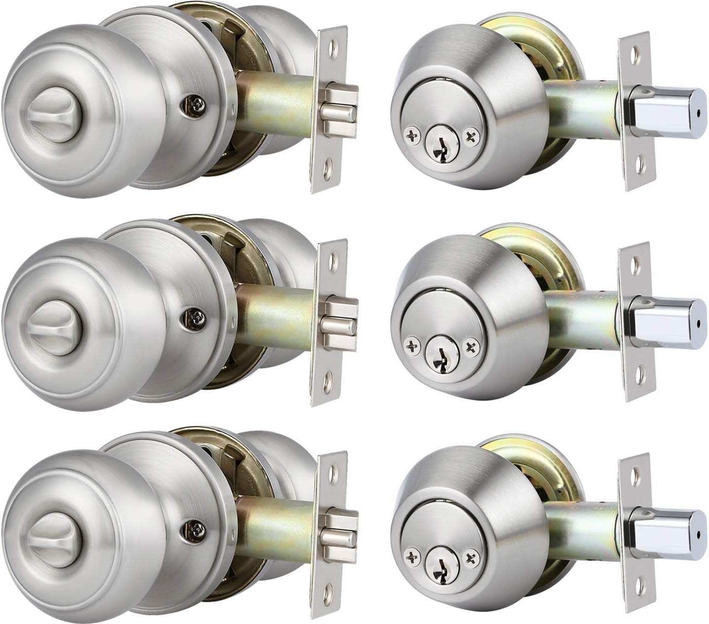 Brotima 3 Pack Keyed Alike Entry Door Knob and Deadbolt Set, Satin Nickel Double Cylinder Deadbolt Lock Set, Round Style Door Knobs Deadbolt for Exterior/Front Door