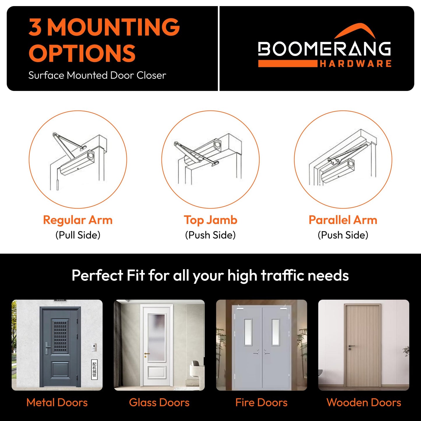 Boomerang Heavy Duty Designer Automatic Commercial Door Closer - D8016-Surface Mounted, Grade 1, Cast Aluminum, UL 3 Hour Fire Rated & ADA for high Traffic doorways, Dark Bronze (US10B)