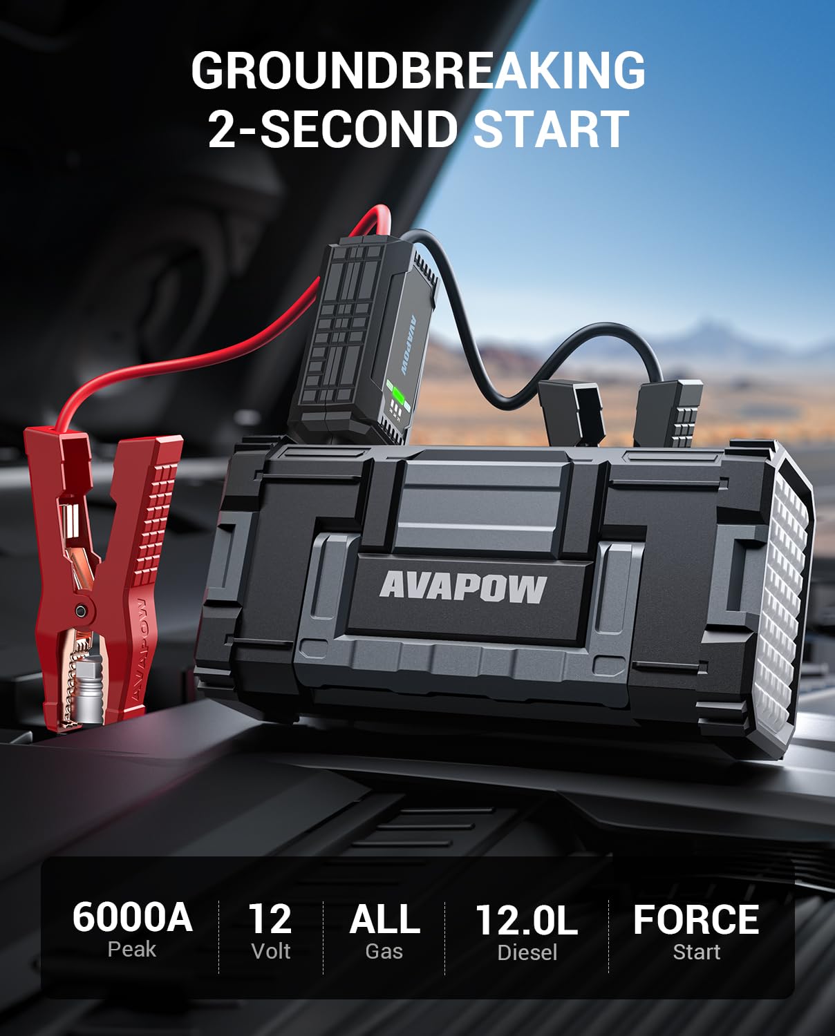AVAPOW 6000A Car Battery Jump Starter(for All Gas or up to 12L Diesel) Powerful Car Jump Starter with Dual USB Quick Charge and DC Output,12V Jump Pack with Built-in LED Bright Light