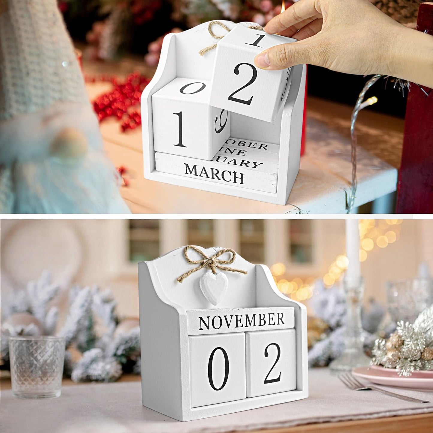 Rustic Wooden Desk Calendar - Adjustable Perpetual Cube (5.7x5.9in), White European-Style for Home Office Decor, Photography Prop