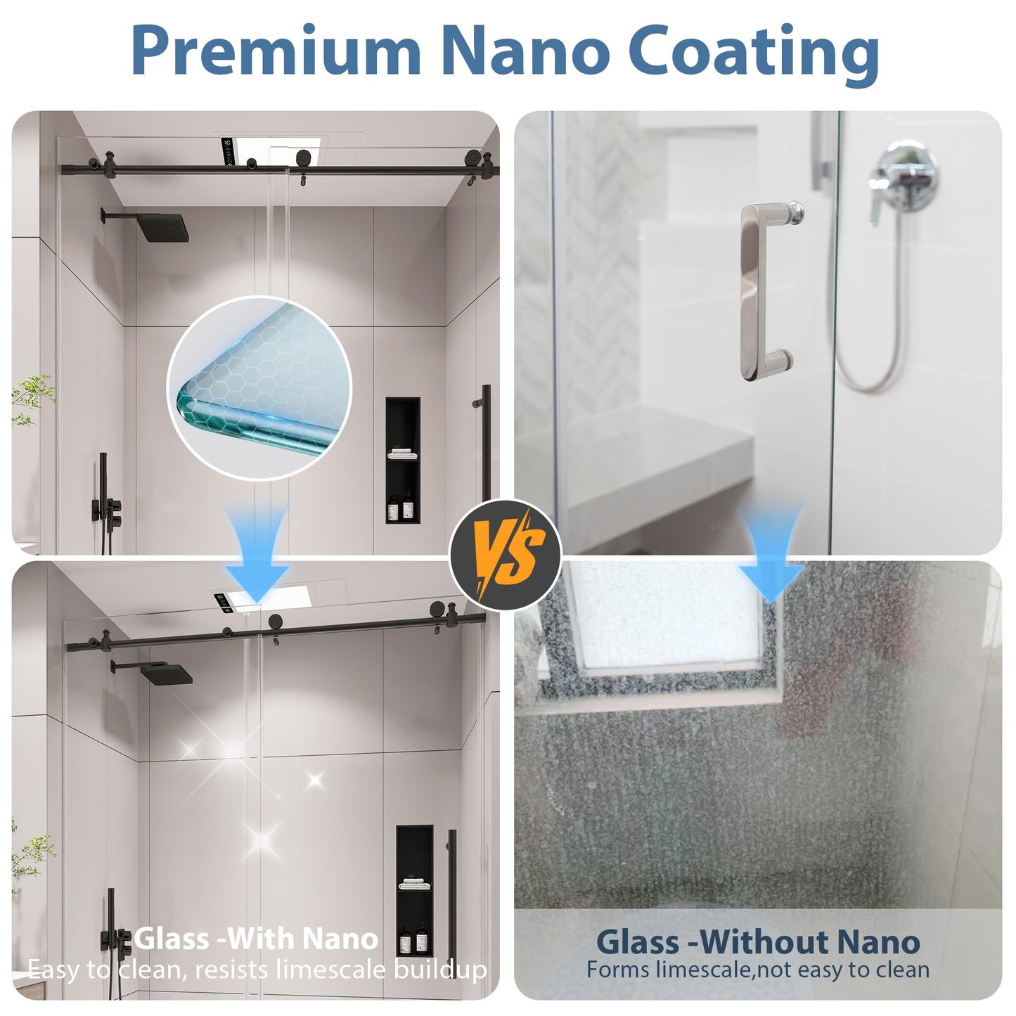 KPUY Frameless Shower Door, 55-60" W x 76" H Sliding Glass Shower Door, 1/4" (6mm) Thick Tempered Clear Glass with Explosion-Proof Film Nano Coating, Stainless Steel Hardware, Matte Black