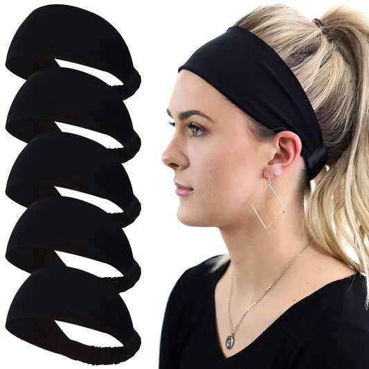 Calbeing Headbands for Women, 5 Pack Black Sweat-Absorbing Sport Sweatbands, Soft Elastic Yoga Hairbands, Comfortable Hair Bands for Fitness Workout Travel Exercise