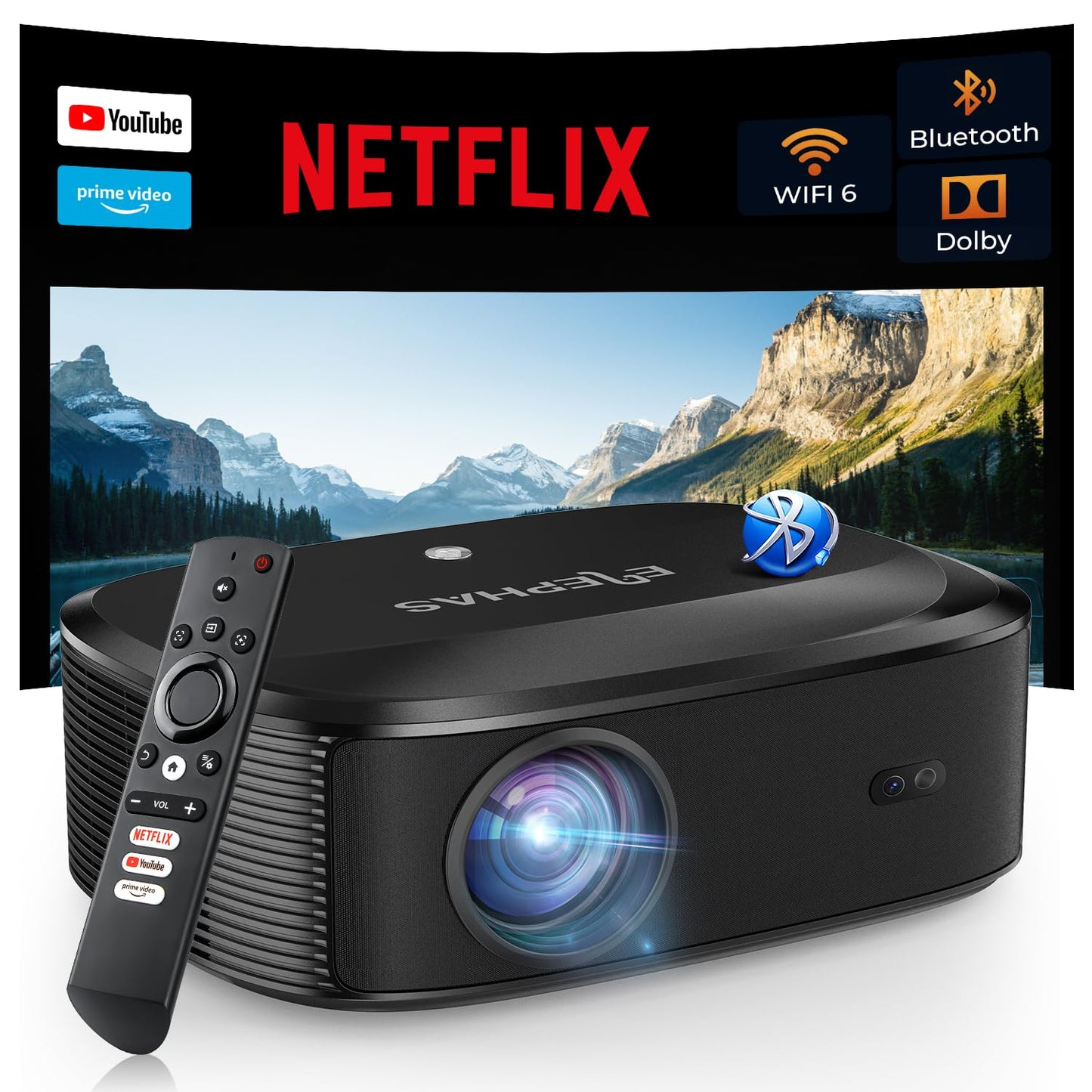 4K Projector with Wifi and Bluetooth, ELEPHAS Outdoor Movie Projector Compatible with NETFLIX/Prime Video/YouTube, 100,000+ Apps Supported, Smart Video Projector for HDMI/USB/iOS/Android/Windows