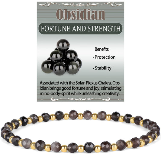 QOGIR Silver Obsidian - Fortune and Strength - 14K Gold Plated Beads Natural Gemstone Stretch Elastic Dainty Healing Beaded Bracelets Gifts 4mm