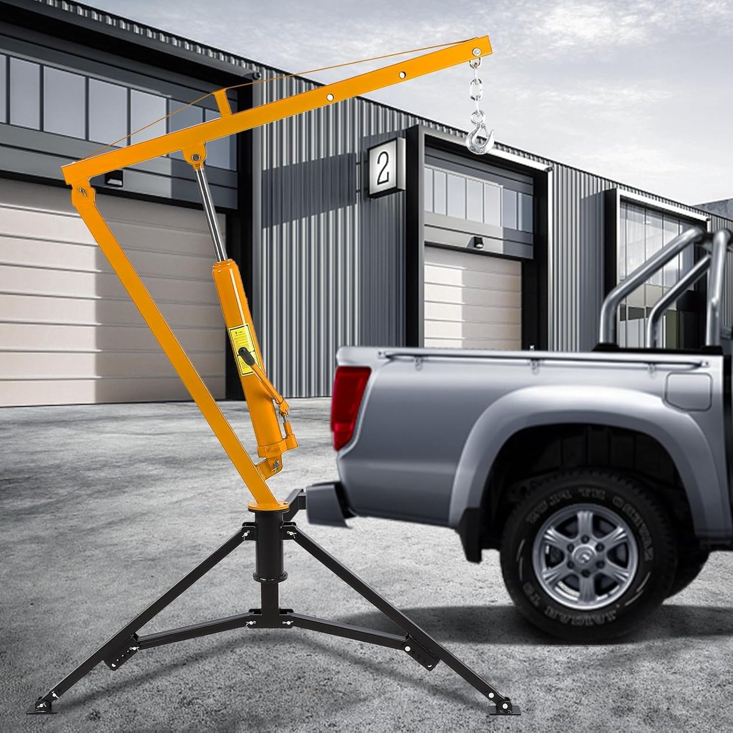 MERXENG Hydraulic Pickup Truck Crane, 1000 Lbs Capacity, 360°Swivel, Hitch Mounted Crane with 3 Adjustable Capacities of 500 Lbs, 750 Lbs and 1000 Lbs for Lifting Goods in Construction, Yellow