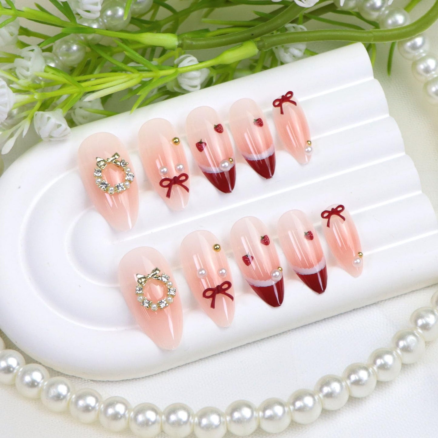 Almond Press on Nails Medium Blush Fake Nails with 3D Bow Rhinestones Pearl Strawberry Designs Red French Glue on Nails Press ons Pink Ombre Full Cover Reusable Stick on Nails Women 24Pcs