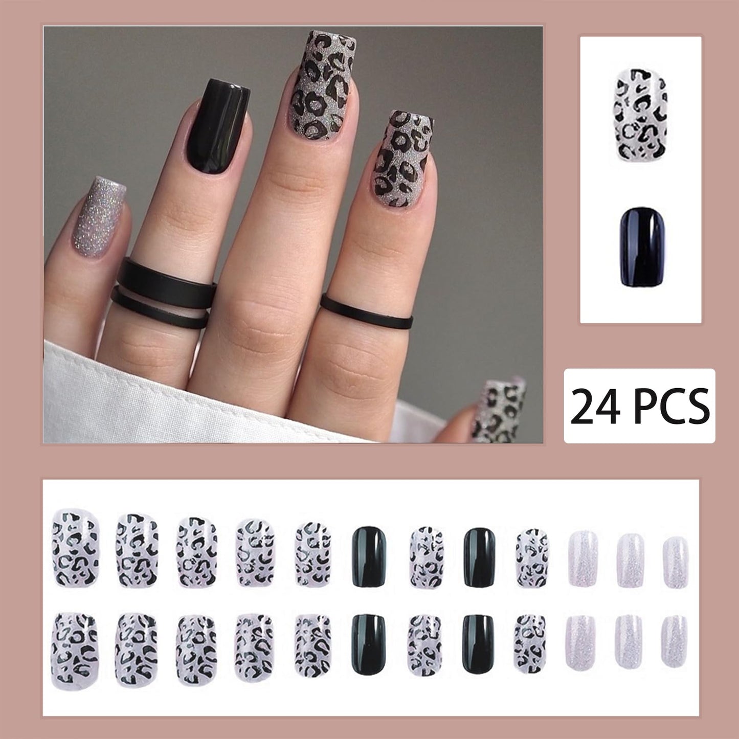 24Pcs Leopard Print Press on Nails Medium Square Fake Nails Silver Bling Glitter Designs False Nails Stick on Glossy Black Acrylic glue on Nails for Women Girls DIY Manicure Decoration