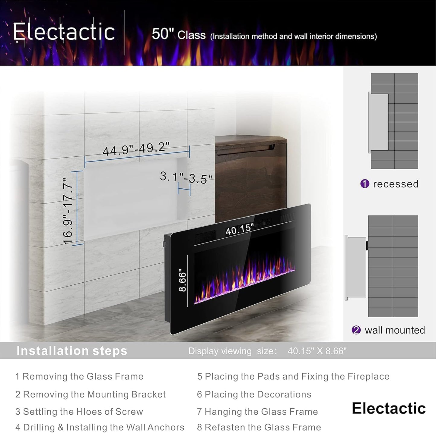 Electactic 50 Inch Electric Fireplace Insert Ultra-Thin - Recessed & Wall-Mounted Fireplace Heater with Thermostat, Adjustable Flame, Remote Control - Linear with Timer, Touch Screen, 750/1500W