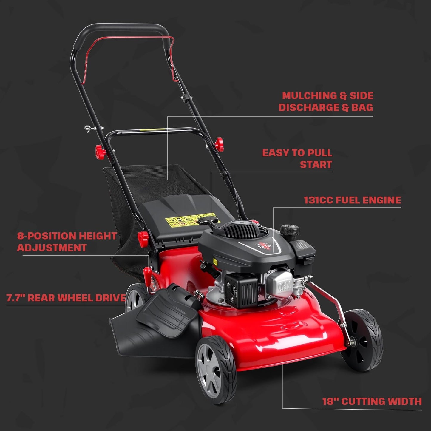 131cc Gas Lawn Mower, Self-Propelled Rear-Wheel Drive, 18 Inch Cutting Width, 50L Grass Bag, 3-in-1 Mulching/Side Discharge/Rear-Bagging, Lightweight Push-Button Start Mower for Thick Slopes Red