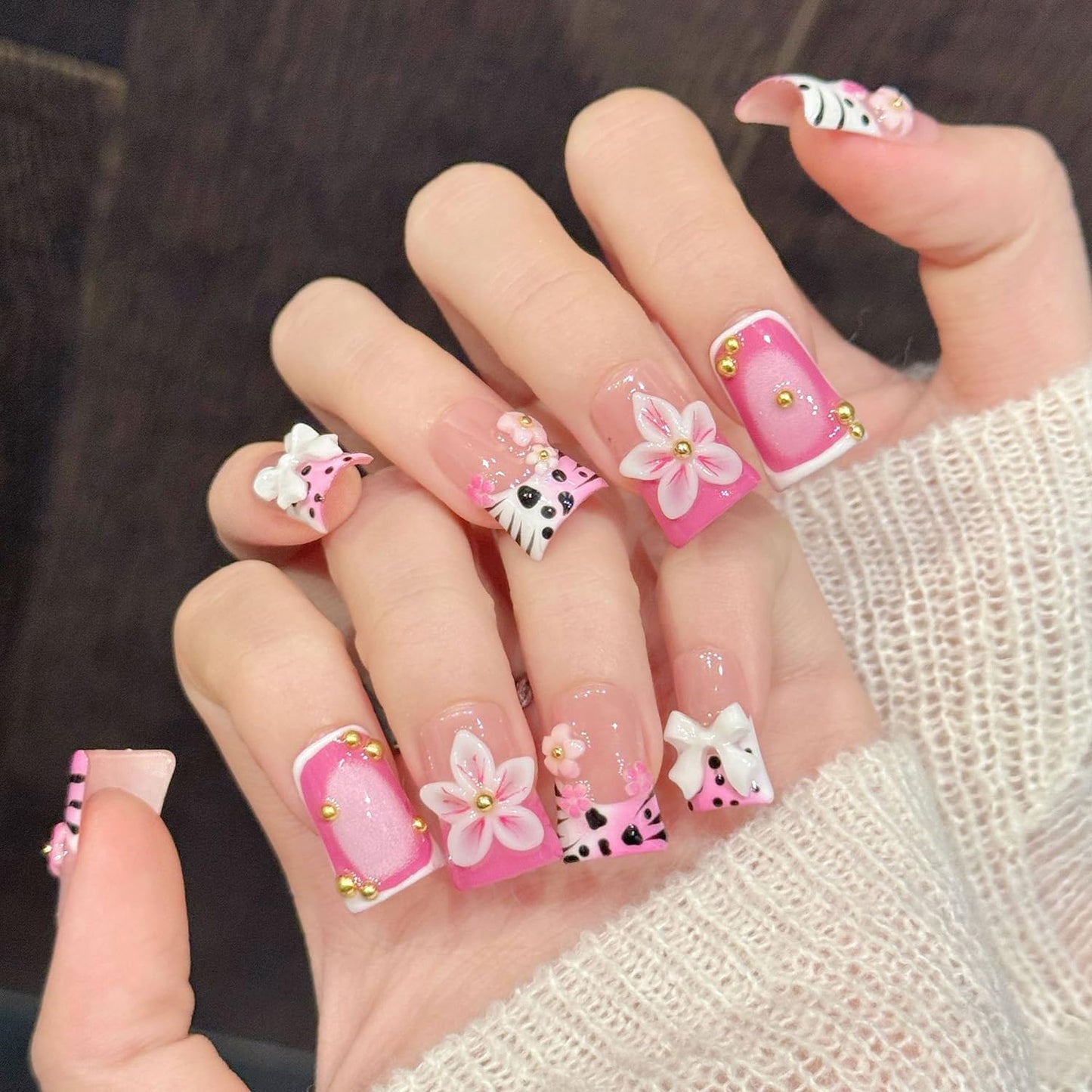 10 Pieces Luxury Acrylic Press On Nails Medium Handmade Duck Nails, Colorful Thickened French False Nails Leopard Print Flowers Design Reusable Acrylic Nails for Women (S)