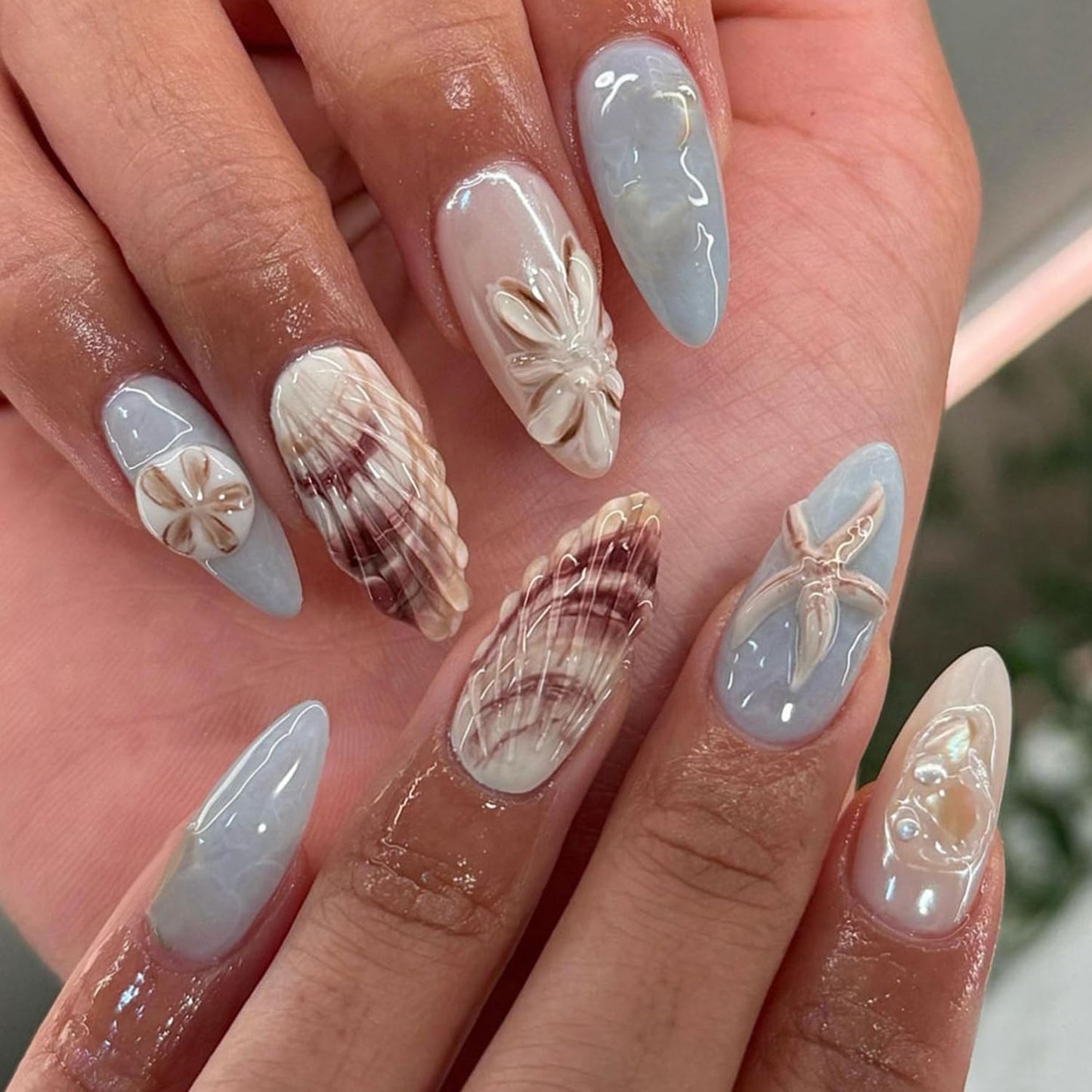 Blue Ocean Press on Nails Medium Almond Fake Nails with 3D Starfish Design Summer Shell False Nails Acrylic Nails Glossy Full Cover Artificial Nails Stick on Nails Nails Pearls for Women Decor 24pcs