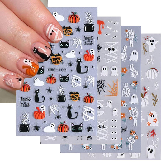 4 Sheets 5D Embossed Halloween Nail Stickers Cute Ghost Pumpkin Nail Art Stickers 3D Self-Adhesive Cat Nail Designs Flower Skeleton Holiday Spider Web Bandage Nails Supplies for Women Girls DIY