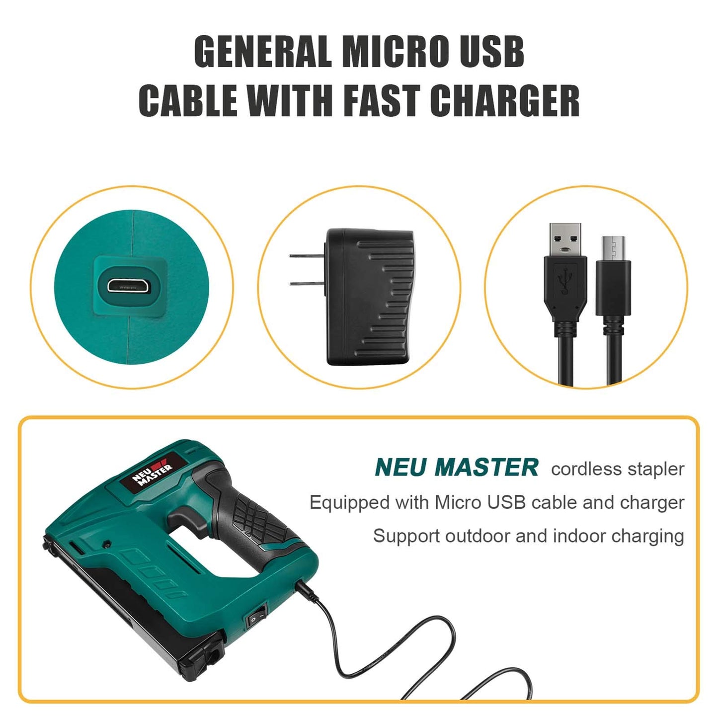 NEU MASTER Electric Staple Gun for Wood - Cordless Stapler Gun with T50 Staples, USB Charger, Heavy Duty Satple Gun for Upholstering, Crafts, DIY, Carpentry, Material Repair