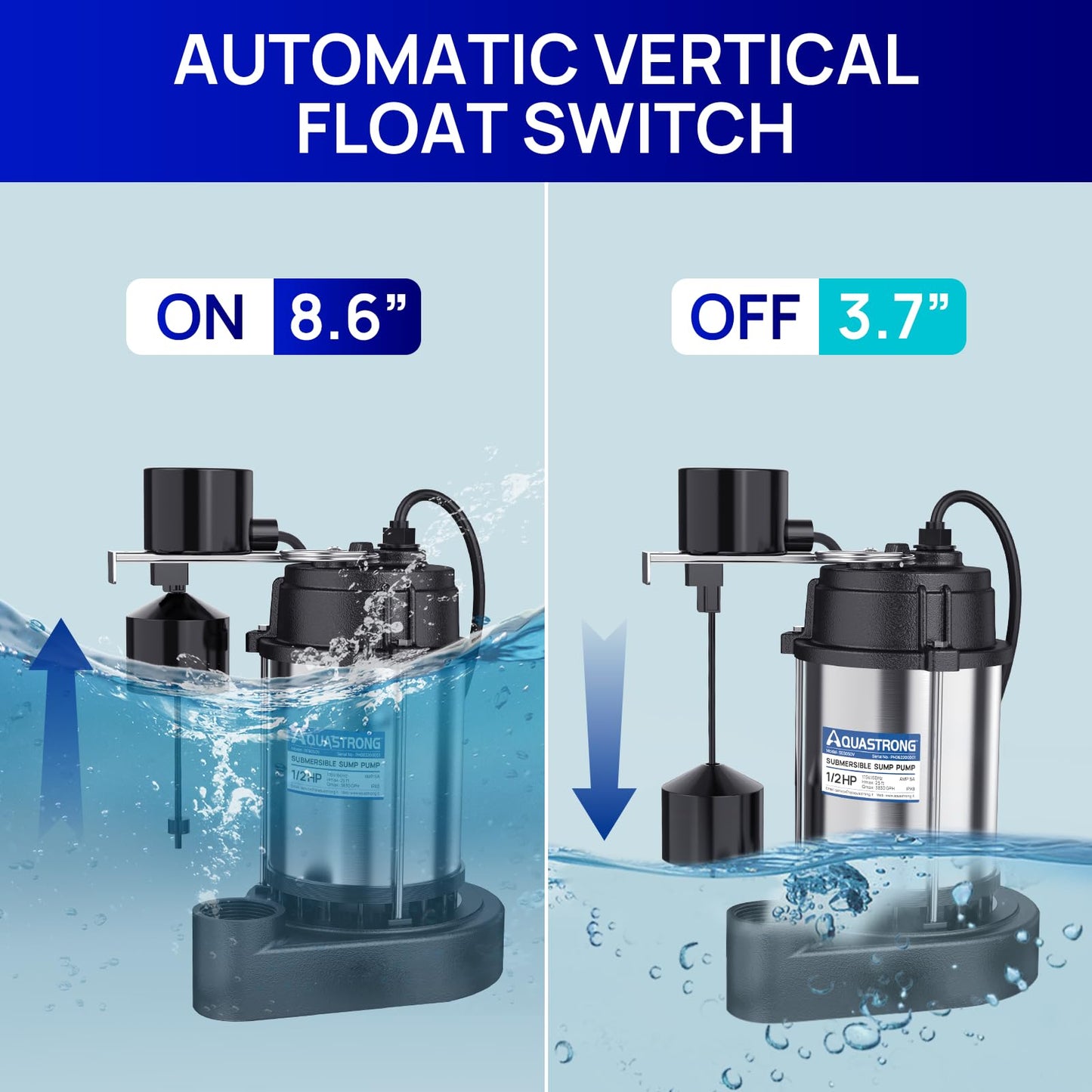 AQUASTRONG 1/2 HP Sump Pump Submersible, 3830 GPH Stainless Steel and Cast Iron Basement Water Pump, Automatic Integrated Vertical Float Switch with Piggy-back Plug,1-1/2" NPT Discharge Subpumps