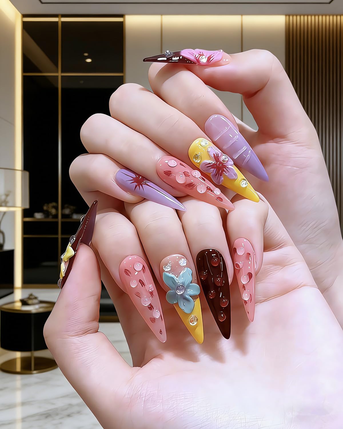 CAMILCY Luxury Handmade Press on Nails Long Almond Tip Stiletto Glossy 3D Flower Salon Hand painted Fake Nails Chocolate Pink Purple Reusable Nails Full Cover Acrylic Nails for Women 10psc (B08, M)