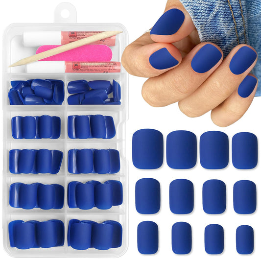 Bellelfin Short Square Press on Nails, 120Pcs Matte Color Fake Nails Full Cover Acrylic Glue on Nails Artificial False Nail with Adhesive Tabs for Women Girls Fingernails Design, Royal Blue Nails