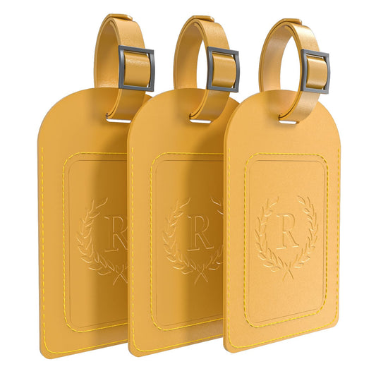 Alphabet Luggage Tags, 3 Pack Yellow Initial Bag Tags with Privacy Cover & Replaceable ID Card, Faux Leather Suitcase Tags for Travel, Flights & Cruises