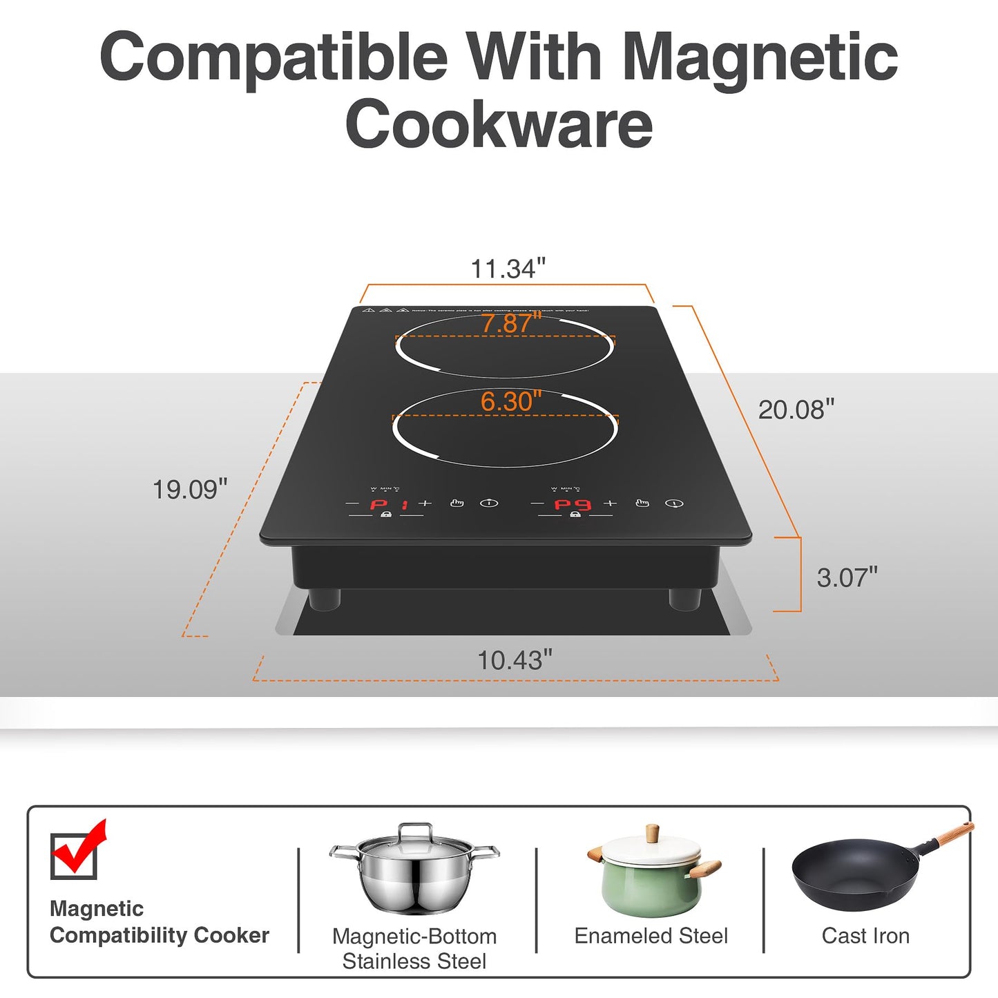 GIHETKUT Double Induction Cooktop,110V 2 Burner Induction Cooktop,2300W Electric Stove Top with Independent Control, Ultrathin Body, 9 Temperature, Multiple Power Levels, 2 Hour Timer, Safety Lock