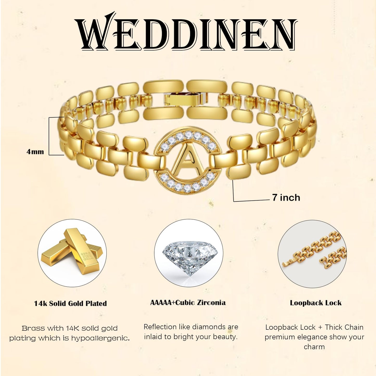 WEDDINEN Initial Bracelet,14K Gold Plated Letter Bracelets for Women, Thick Bangle Wrist Gold Alphabet Bracelet for Women, Christmas Gifts for Women Jewelry Initial A Charm Chain