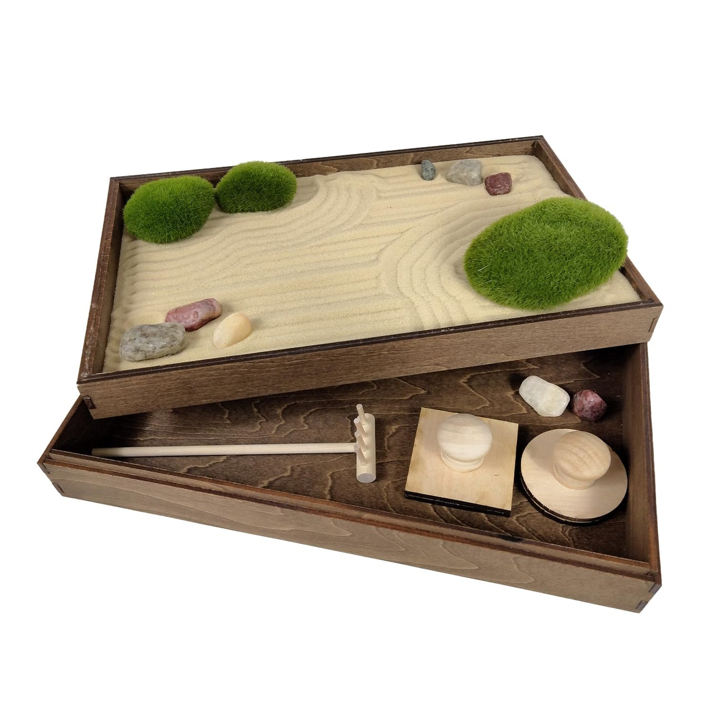 Sunny Lark Wooden Stackable Zen Garden | Desert Luxe Sand with Rake & Accessories | Minimalist Decor Gift for Relaxation