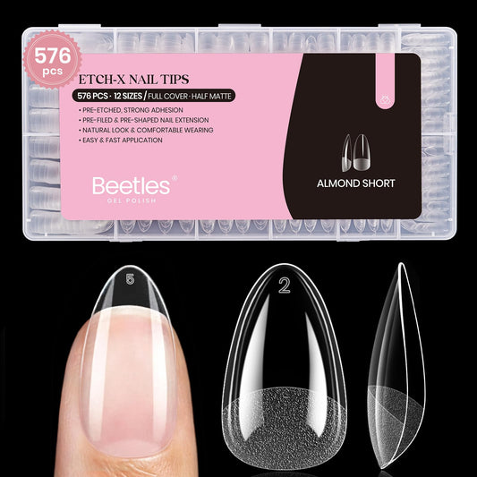Beetles Gel Nail Tips 576Pcs Pre-shape Short Almond Etch-X Nail Tips,12 Sizes Soft Acrylic False Nail Tips Half Matte Full Cover Easy DIY Press On Nail Extensions Art Salon Gift Set for Women
