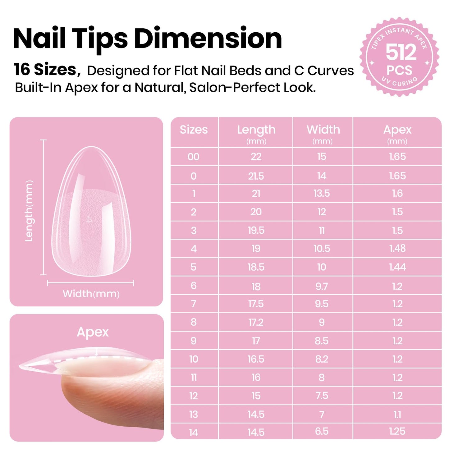 Beetles Tipex Lite Apex Nail Tips, Square Long, 512pcs 16 Sizes,Pre-Building Pre-Etched Acrylic Nail Tips for Flat Nails & Natural Nail Beds
