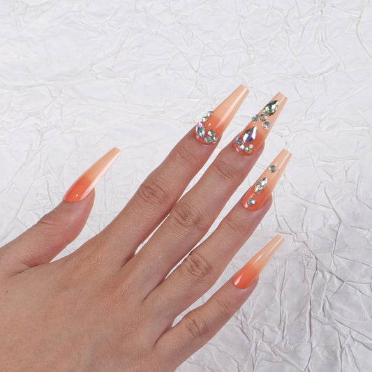 Long Press on Nails Ombre Fake Nails Glitter Extra Long Artificial Nail with Rhinestones Designs Acrylic Nail Press ons Sparkly Stick on Nail for Women 24pcs