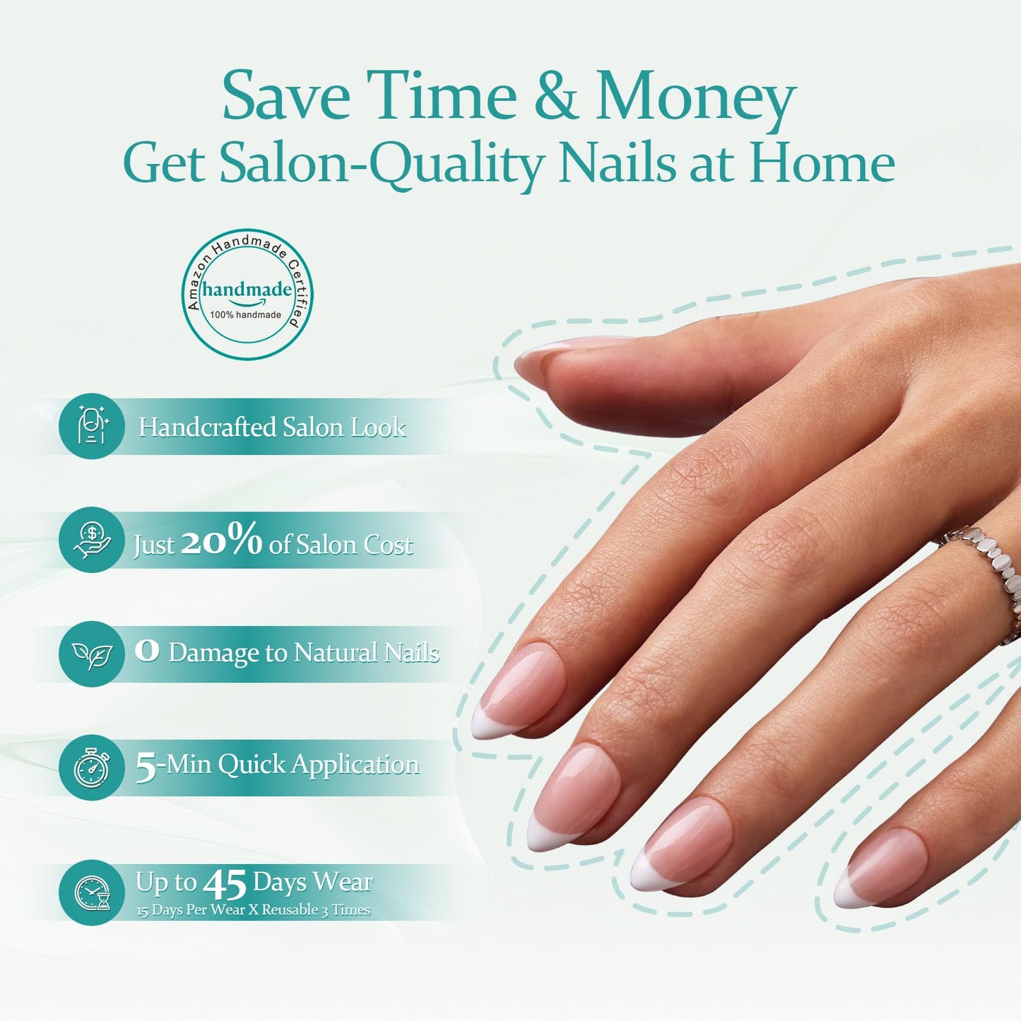 French Tip Press On Nails Short Almond,MOKAYIMO White French Nail Press Ons,10Pcs Handmade Custom-Sized Acrylic False Nails Kit,Natural Look,Salon Quality,Long Lasting,Size L