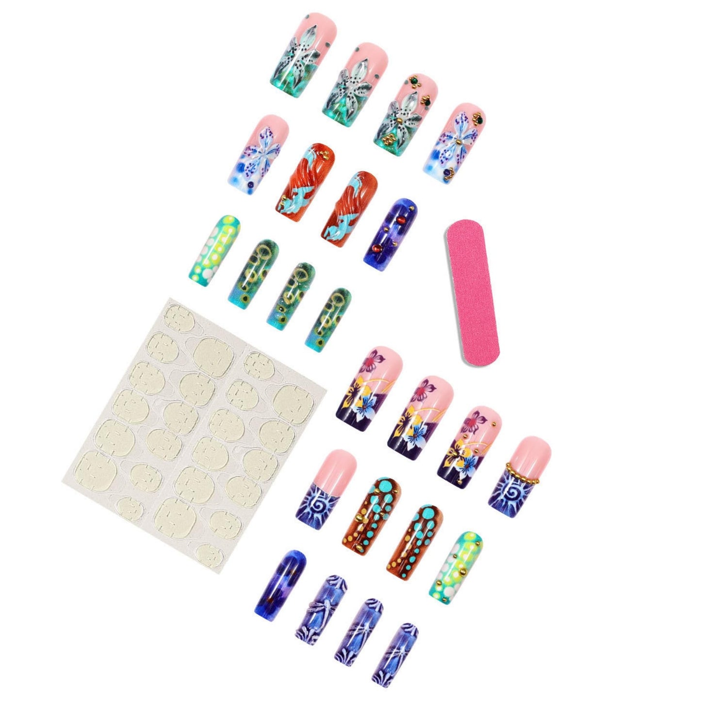 Octoswave Long Square Press on Nails 3D Flower Design Colorful Artistic Fake Nails for Women Party Prom DIY Manicure 24Pcs