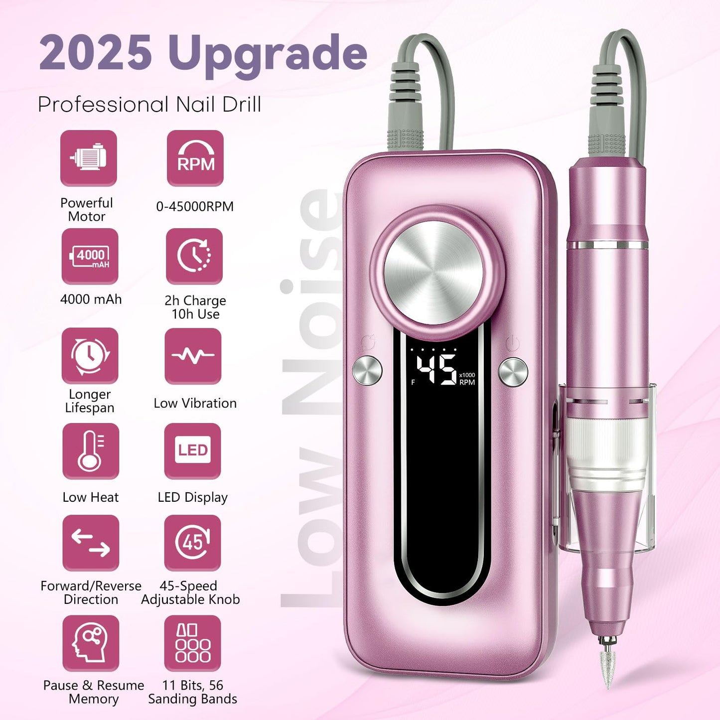 TUOBEO Nail Drill Electric Nail File Kit 45000 RPM Professional Efile Nail Set,Cordless Portable Rechargeable Acrylic Gel Nail Polish Remover Machine Pedicure Manicure Tool with 11 Bits for Salon Home