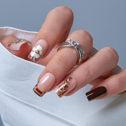 CurvLife Medium Press On Nails Square – 30Pcs Mocha Silk Dream Soft Gel Fake Nails, Reusable Glue On Nail Kit with Adhesive Tabs, Natural Fit & Salon-Quality for Women & Girls