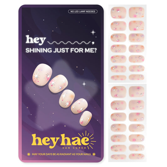 Heyhae Semi Cured Gel Nail Strips | No LED Lamp Needed | Summer, Aura, Pink | Easy Apply & Remove, Salon Quality |Includes 28 Strips, 1 Prep Pads,Nail File&Wooden stick-Hey, Shining Just for Me?