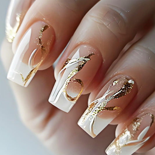 White Curve Line Press on Nails Glossy Yellow Gradient Medium Square False Nails Gold Glitter Acrylic Fake Nail 24Pcs Ombre Stick on Fingernails Vine Gel Glue on Nail for Coquette Women Girls