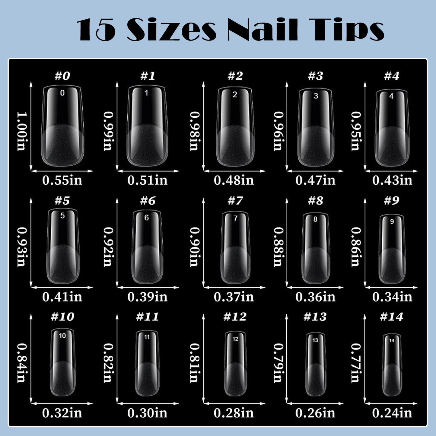 AddFavor Medium Square Gel Nail Tips - 600pcs Clear Acrylic Nails Tips Medium Fake Nails Full Cover Soft Gel Nail Tips for Nail Extension, Press on Nails 15 Sizes Artificial False Nails