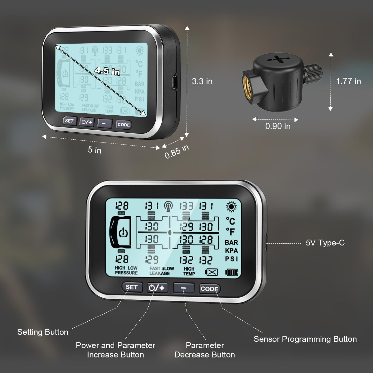 Trailer Tire Air Pressure Monitoring System, 4.5" Solar TPMS w/ 10 Flow Thru Sensors and Signal Booster,Long Sensing Distance,Taimster 6 Alerts Monitor for Semi Truck/RV/Camper/RV,0-199PSI